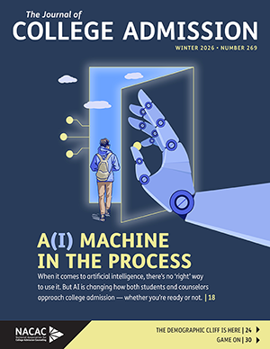 Illustrated magazine cover showing a student stepping through a doorway toward a large robotic hand, symbolizing artificial intelligence’s role in the college admission process.